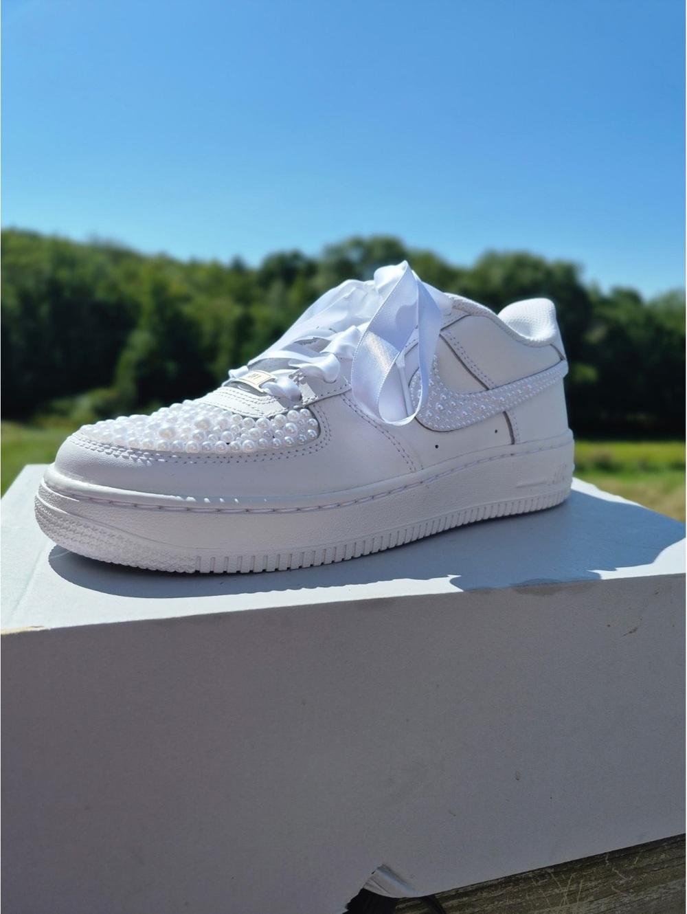 Nike Air Force 1 Custom White Pearl Bridal Sneakers